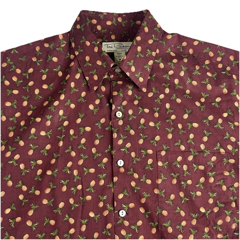 Vintage Tori Richard Hawaiian Shirt Mens M Cotton Lawn Red Pineapple Made in USA